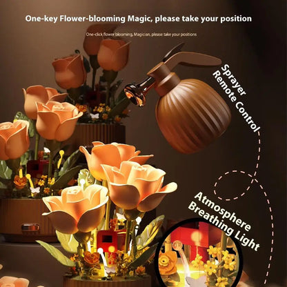 Wooden Flower Arrangement Bouquet Model Auto-Blooming Petals Dynamic Magic Sprayer & Aromatherapy Breathing Lights