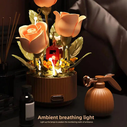 Wooden Flower Arrangement Bouquet Model Auto-Blooming Petals Dynamic Magic Sprayer & Aromatherapy Breathing Lights